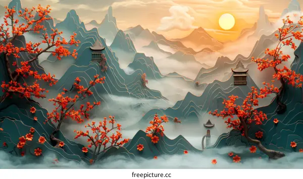 Misty Mountain Landscape with Blossoming Trees and Traditional Chinese Buildings