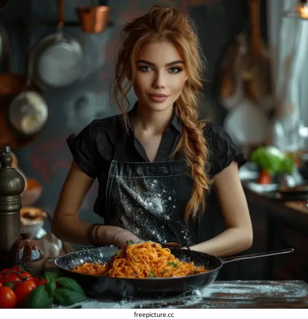 Smiling Woman Cooking Delicious Pasta in a Cozy Kitchen