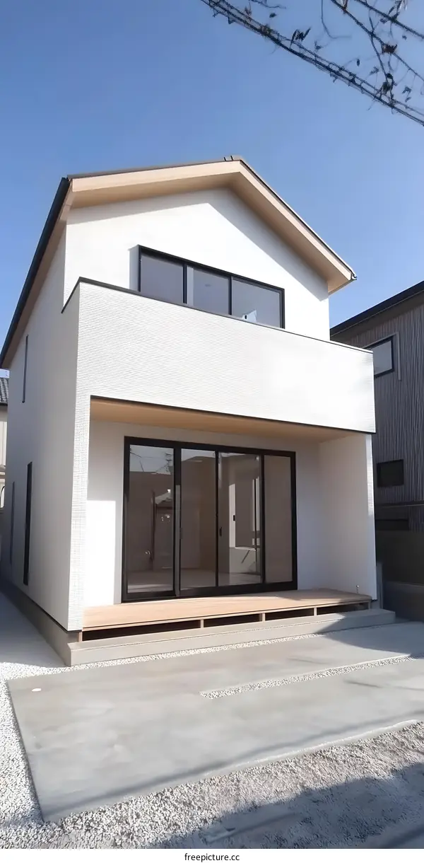 Modern White House with Black Windows and Wooden Deck