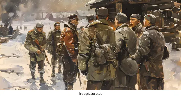 A group of soldiers in winter gear are gathered in a snowy forest.