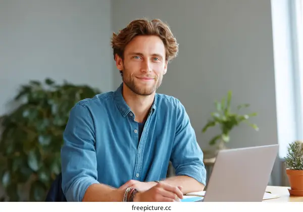 Smiling Caucasian Man Working on Laptop