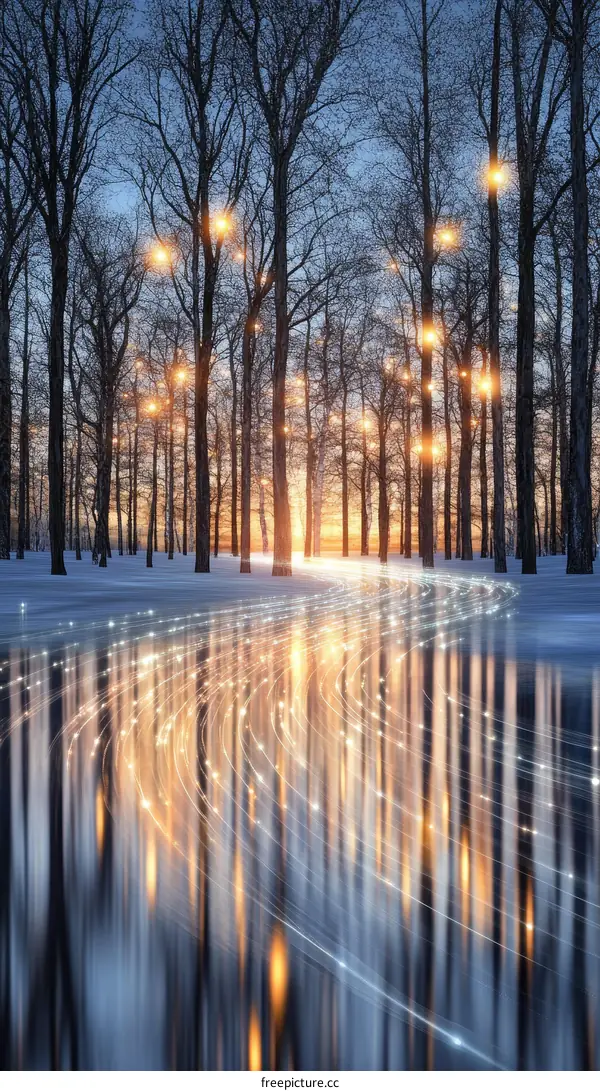 Winter Forest Pathway with Illuminated Trees