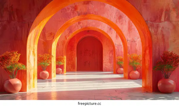 Orange Surreal Hallway with Arches and Flower Pots
