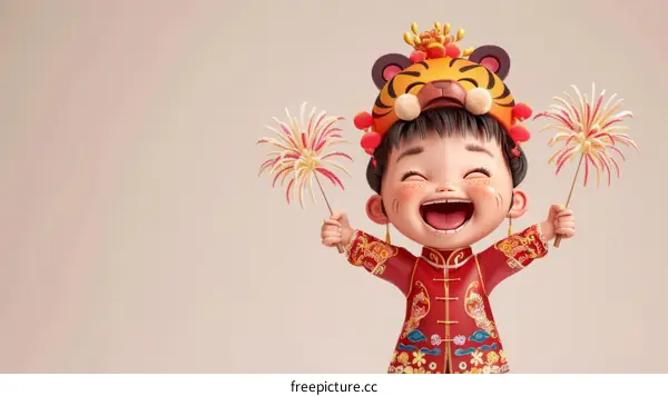 A Chinese girl wearing a tiger hat and holding firecrackers