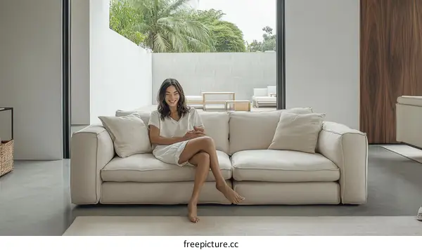 Modern Beige Sectional Sofa with Woman