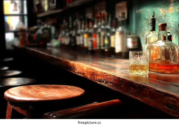 Old Fashioned Bar Counter with Alcoholic Drinks