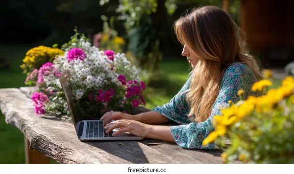 Woman Working Outdoors with Laptop and Flowers
