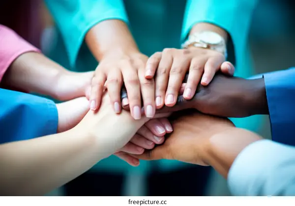 Multiracial group of doctors joining hands in unity and solidarity