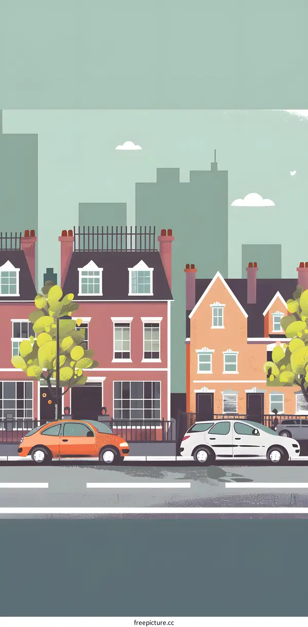 Illustration of Colorful Row Houses with Cars in Front