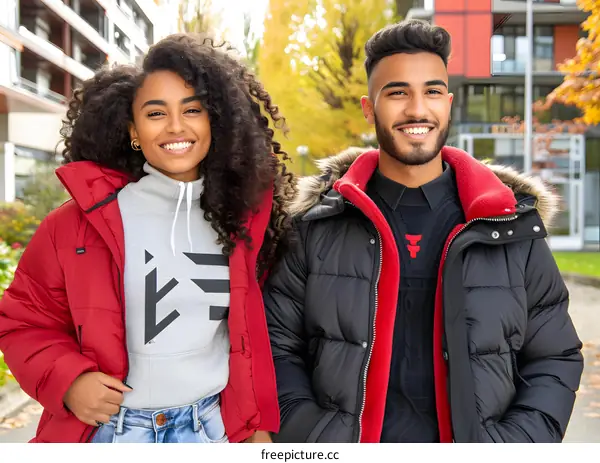 Smiling Couple Wearing Winter Clothes in the City