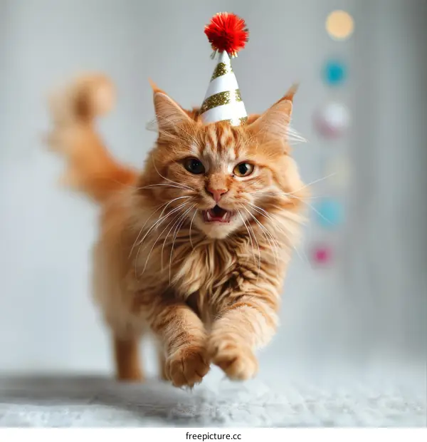 Ginger Cat Wearing Party Hat in Action