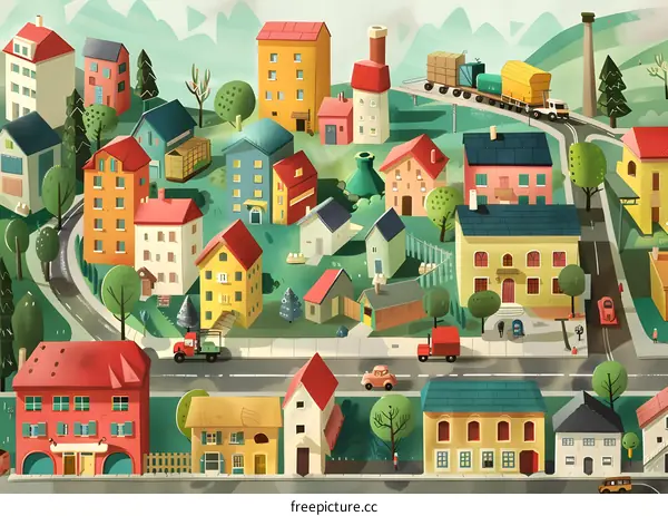 Illustrated Cartoon Cityscape with Colorful Houses
