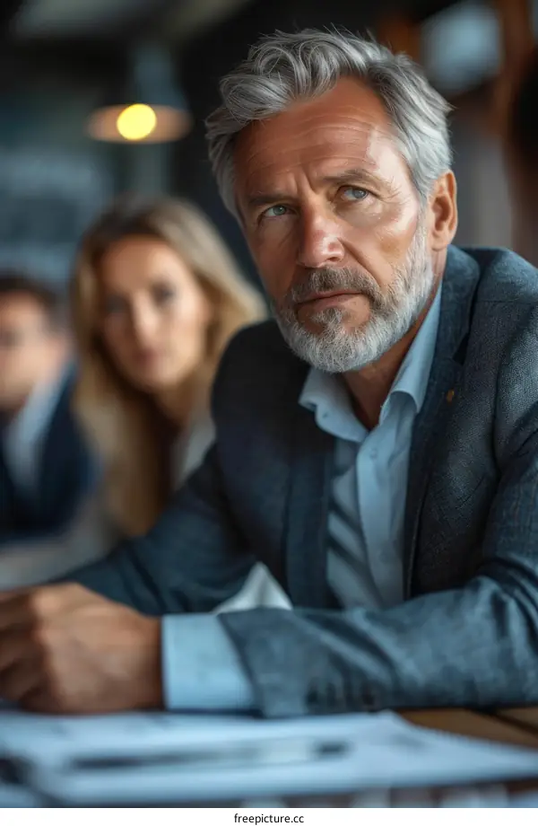 Portrait of a middle-aged man with grey hair and beard wearing a suit and looking away thoughtfully