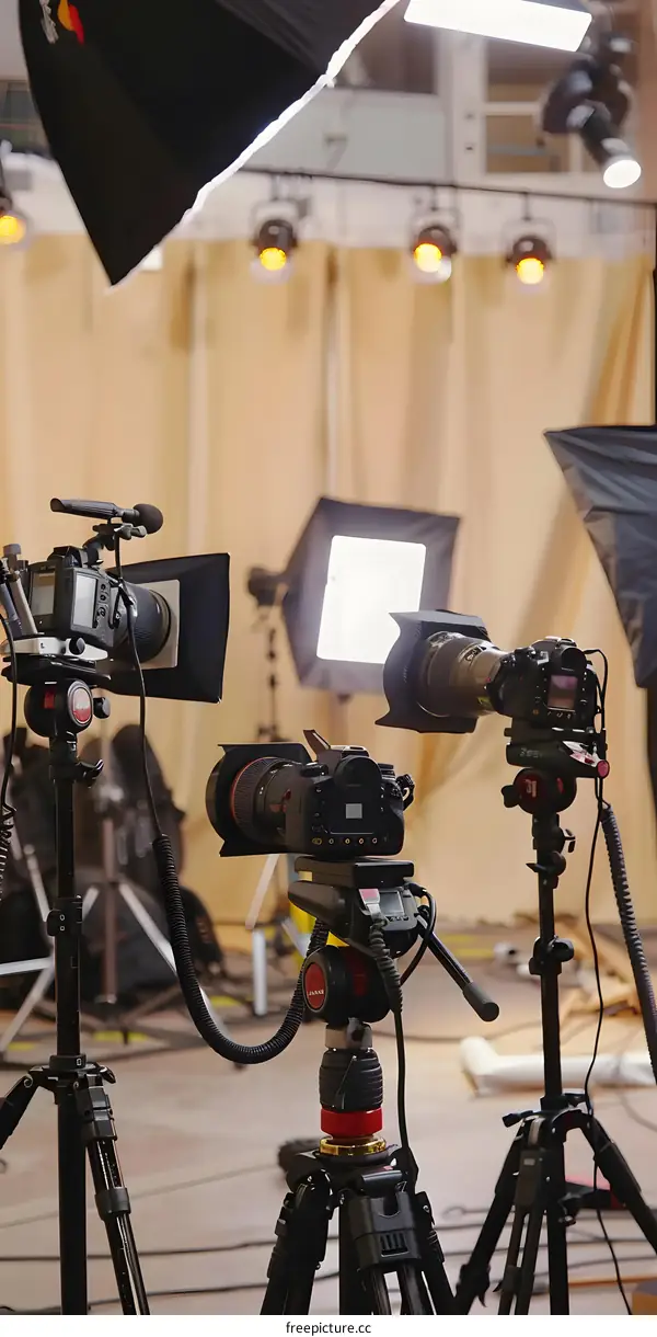 Professional Film Studio Setup With Cameras on Tripods and Lighting Equipment