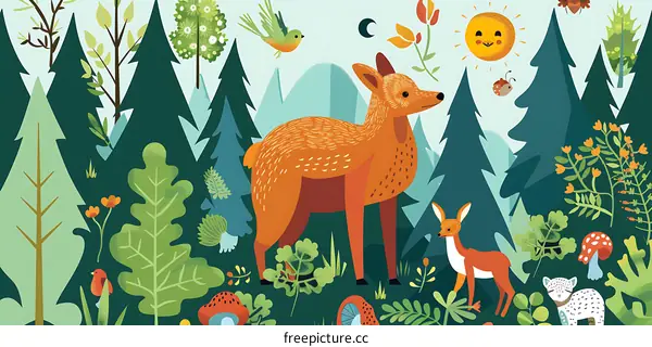 Forest Animals Illustration With Deer Bird and Flowers
