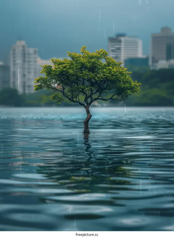 Lonely Tree in the Water with City in the Background