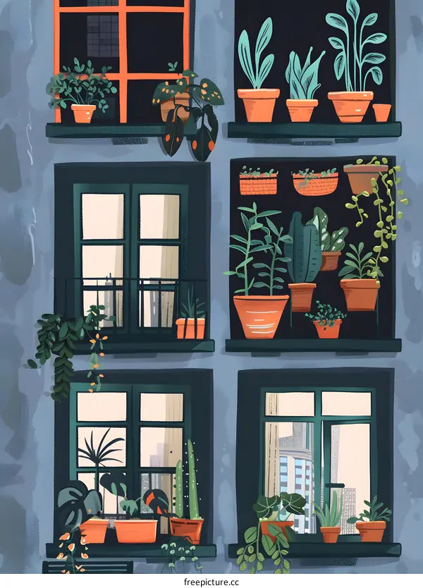 Window Boxes with Plants and City View