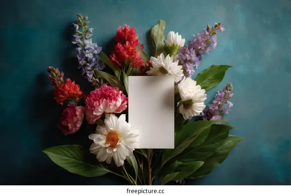 Floral Arrangement on Teal Background with Blank Card