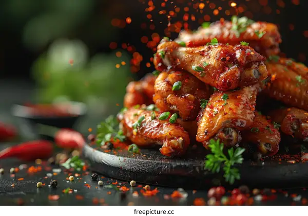 A plate of spicy chicken wings with herbs and spices