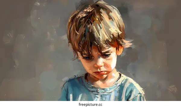 sad boy looking down with brown hair