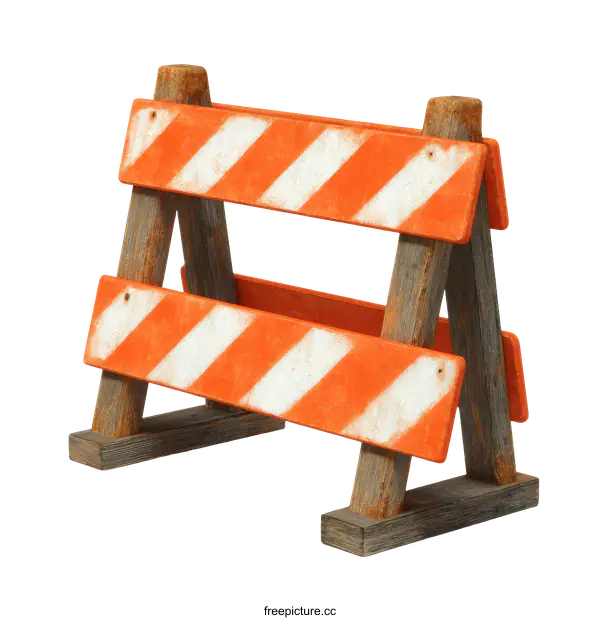 [Transparent Background PNG]Wooden Construction Barrier with Orange and White Stripes