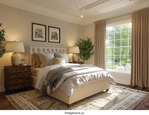 A bedroom with a large bed, two nightstands, and a large window.