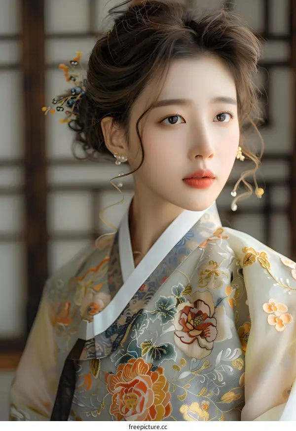 Portrait of a beautiful Korean woman in traditional Korean dress