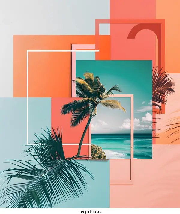 Abstract Tropical Collage with Palm Tree and Ocean