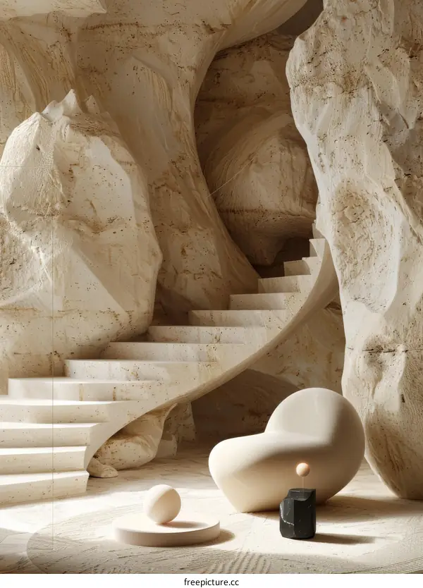 Surreal organic interior space with staircase and abstract sculptures