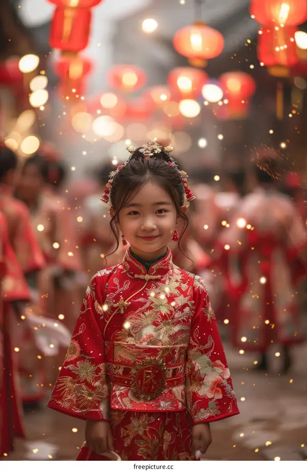A young girl in a red dress smiles while standing in a crowd of people during a festival.