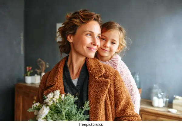 Mother and Daughter Embrace with Flowers