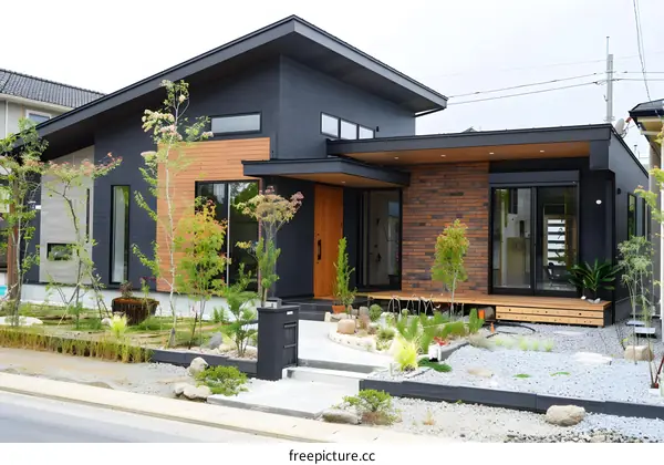 Modern Japanese House with Brick Wall and Wooden Decking