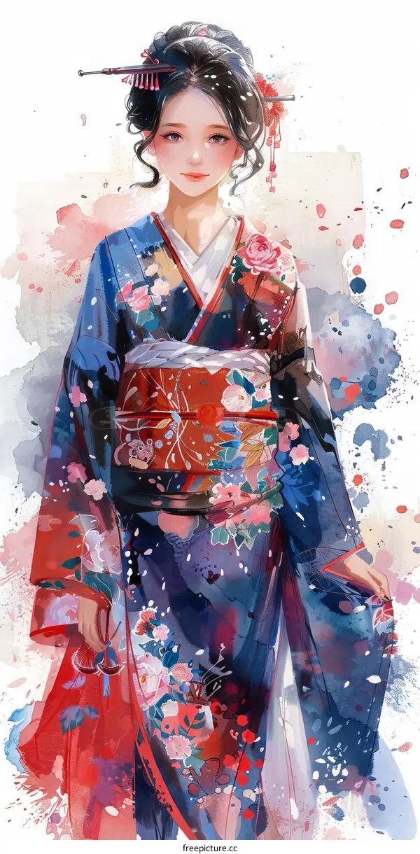 Watercolor Painting of a Woman in a Kimono
