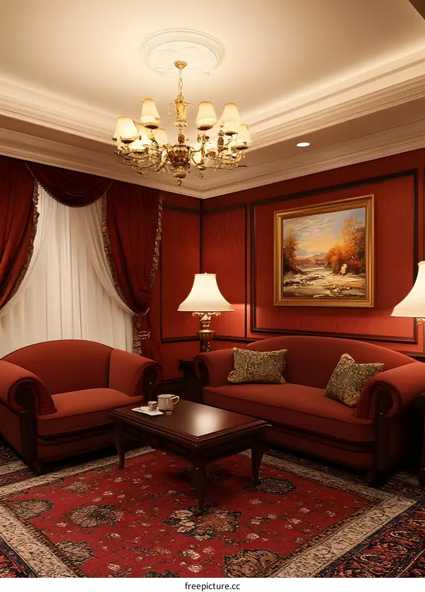 Luxury Living Room Interior Design With Red Sofa and Chandelier
