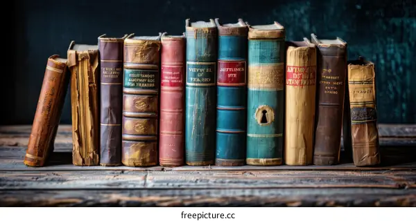 Leather-Bound Books on a Wooden Shelf with a Keyhole