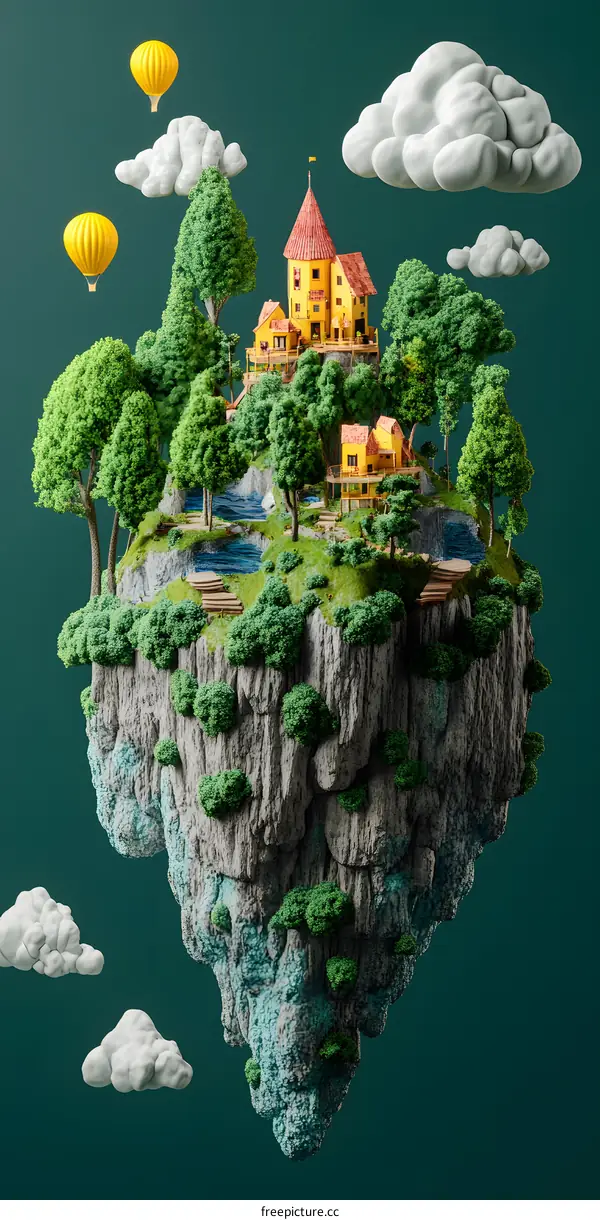 Floating Island with Houses and Hot Air Balloons in a Green Sky