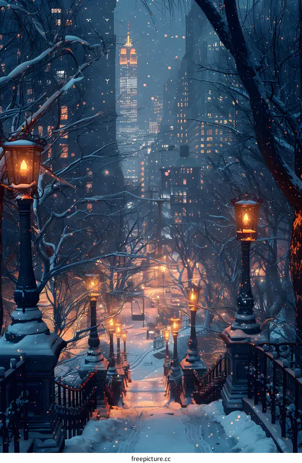 A snowy street at night