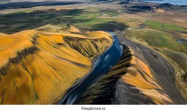 Aerial View of Icelandic Landscapes with River