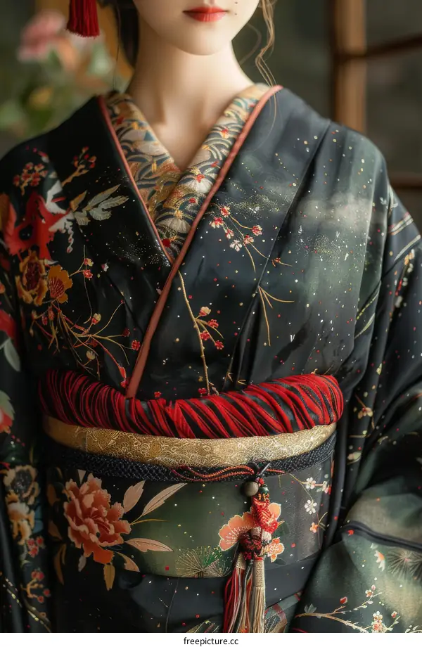 kimono with red and gold accents and floral patterns