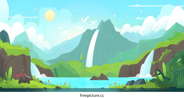 Waterfall Mountain Nature Landscape Illustration