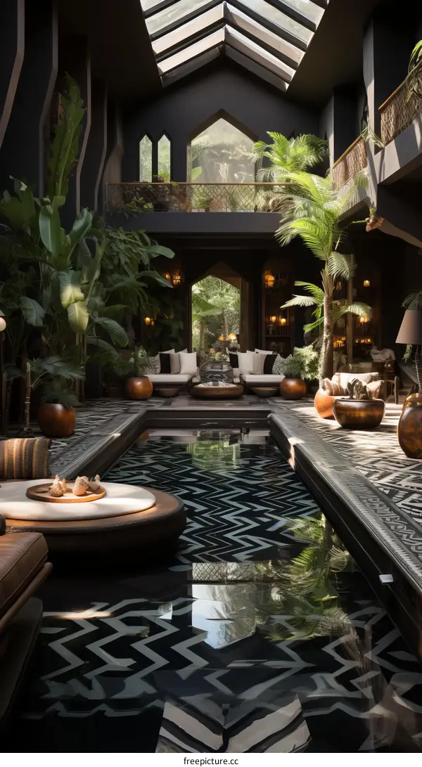 Stunning indoor garden with pool and Moroccan-style seating