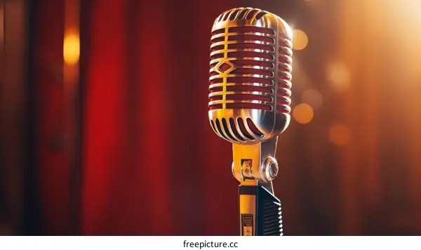 Retro microphone on stage with red curtain background