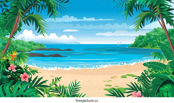 Tropical Beach Landscape with Palm Trees and Ocean View