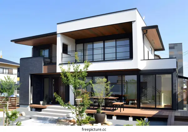 Modern Japanese Home with Wooden Deck and Green Landscaping