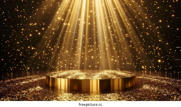Golden stage with spotlights and glitter particles. 3D rendering backdrop
