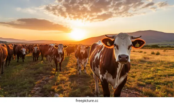 Hereford Cattle Grazing at Sunset