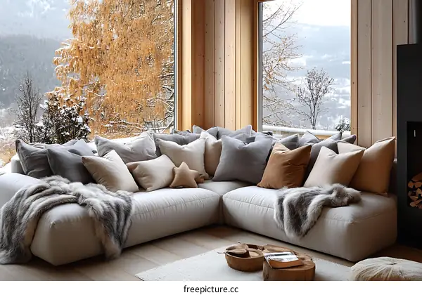 Cozy Modern Sofa with Scenic Mountain View