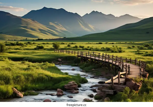 Wooden bridge over a small river in the mountains