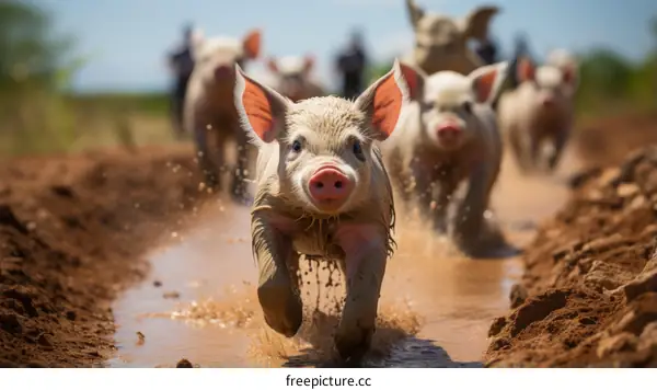 Little Pigs Competing in a Muddy Race