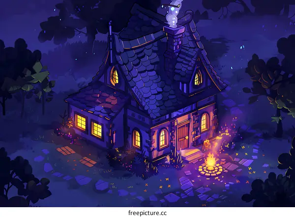 Nighttime Fantasy Cottage Illustration